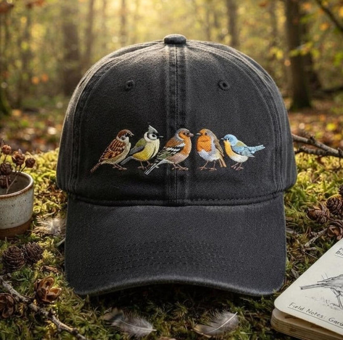 Five Woodland Birds Row Sparrow Robin Bluebird Birdwatching Embroidered Hat