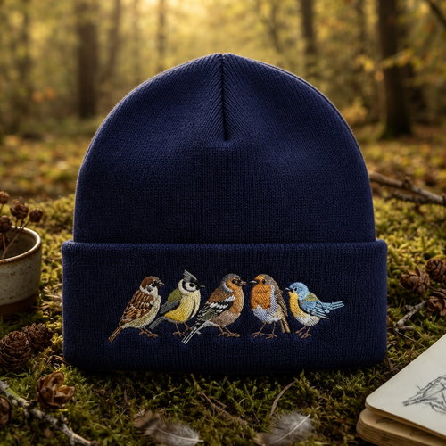 Five Woodland Birds Row Sparrow Robin Bluebird Birdwatching Embroidered Beanie