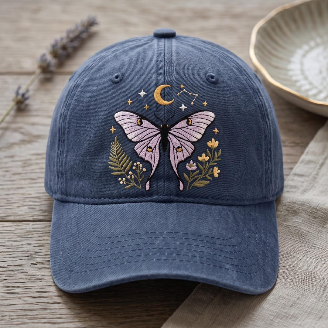 Celestial Luna Moth Moon Stars Wildflowers Cottagecore Embroidered Hat — Washed Hat