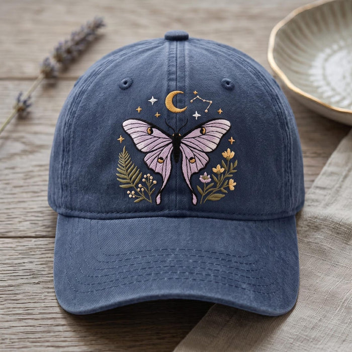 Celestial Luna Moth Moon Stars Wildflowers Cottagecore Embroidered Hat