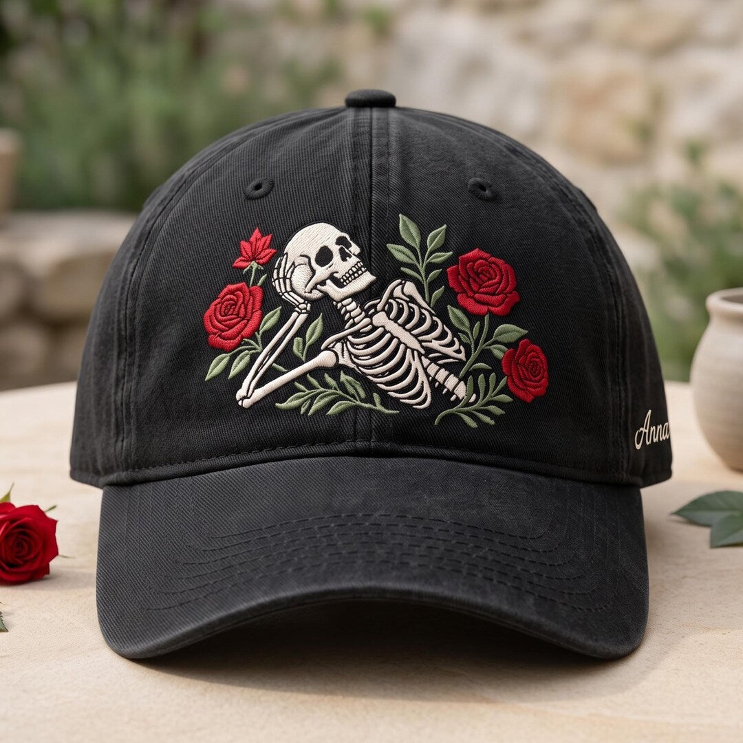 Personalized Skeleton Rose Gothic Embroidered Hat — Washed Hat