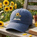 Sunflower Growing From Open Book Embroidered Hat — Washed Hat