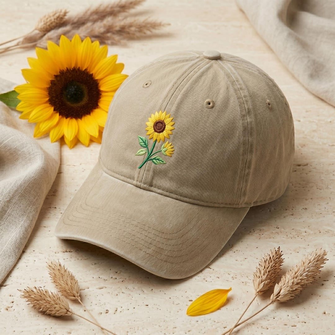 Personalized Sunflower Stem Botanical Embroidered Hat — Washed Hat