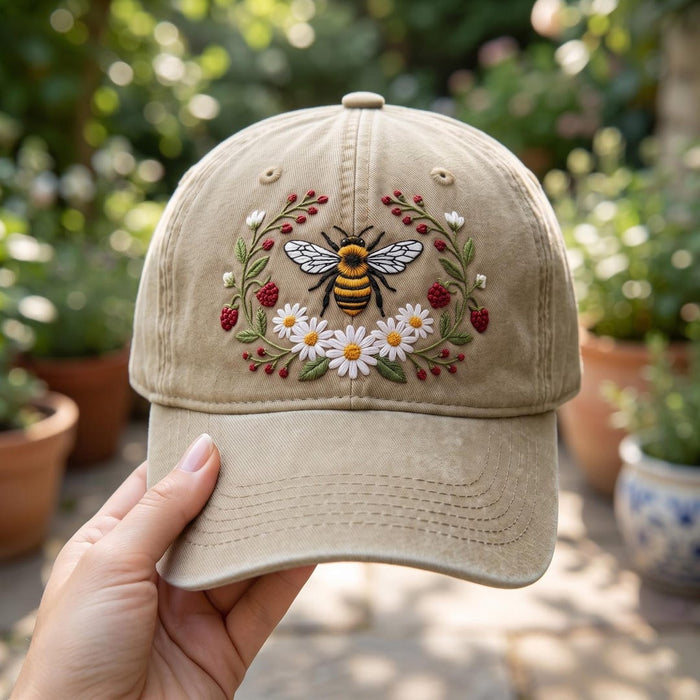 Bee Daisy Floral Wreath Strawberry Garden Embroidered Hat