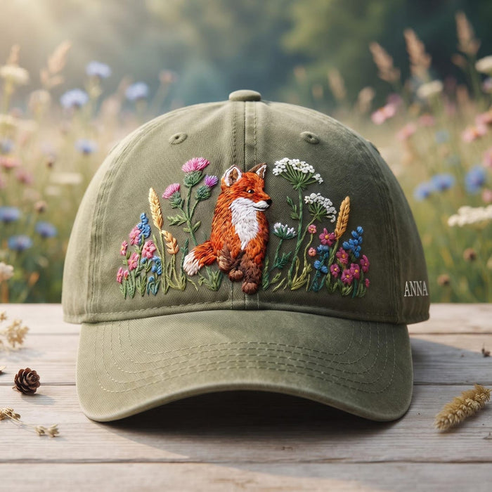 Personalized Fox Wildflower Meadow Nature Lover Embroidered Hat