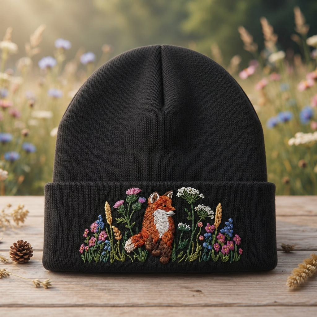 Personalized Fox Wildflower Meadow Nature Lover Embroidered Beanie