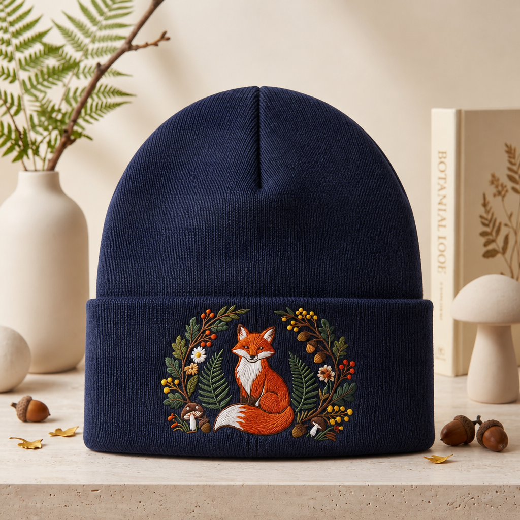 Personalized Fox Woodland Botanical Wreath Mushroom Acorn Embroidered Beanie