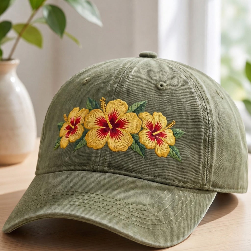 Personalized Tropical Hibiscus Flower Bouquet Embroidered Hat — Washed Hat