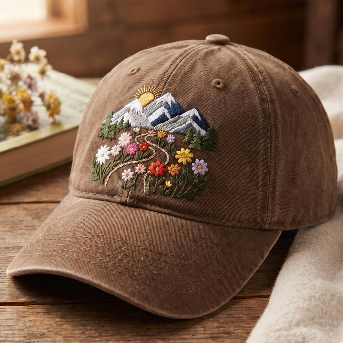 Personalized Mountain Wildflower Meadow Trail Sun Floral Custom Name Embroidered Hat