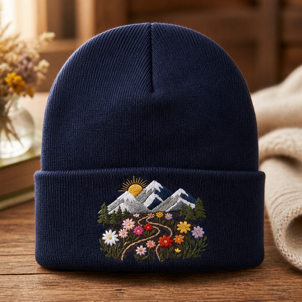 Personalized Mountain Wildflower Meadow Trail Sun Floral Custom Name Embroidered Beanie