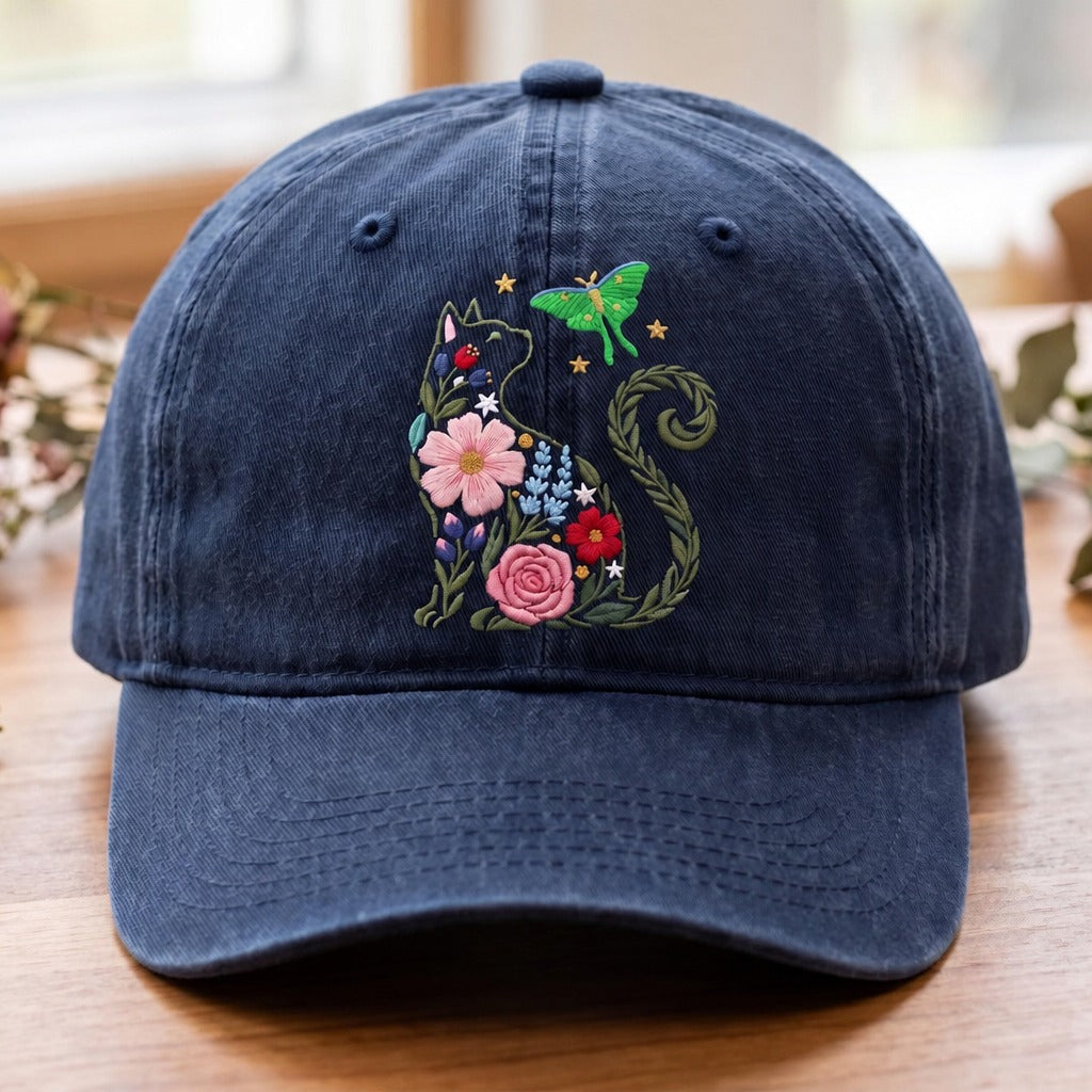 Personalized Floral Cat Luna Moth Wildflower Custom Name Embroidered Hat — Washed Hat