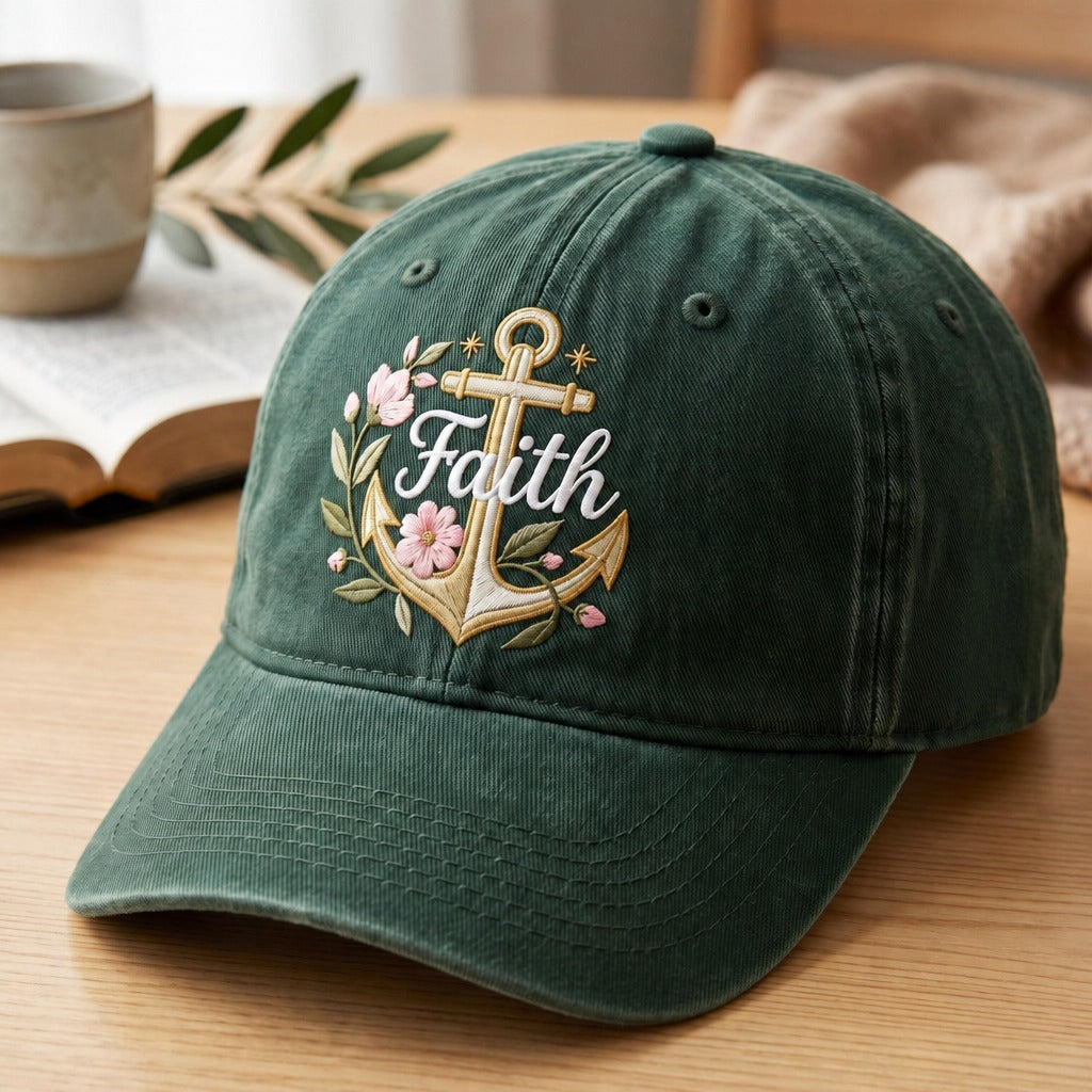 Personalized Faith Anchor Floral Christian Embroidered Hat — Washed Hat