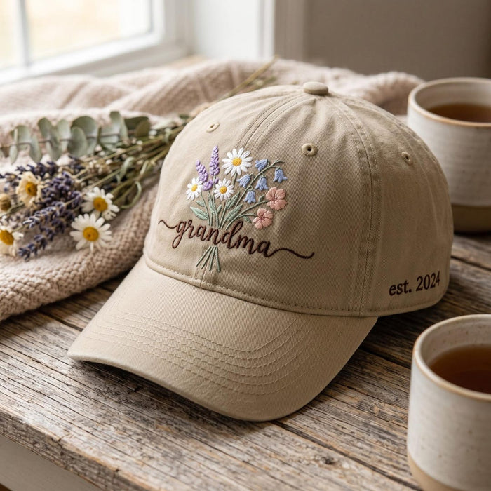 Personalized Grandma Wildflower Bouquet Est Year Embroidered Hat