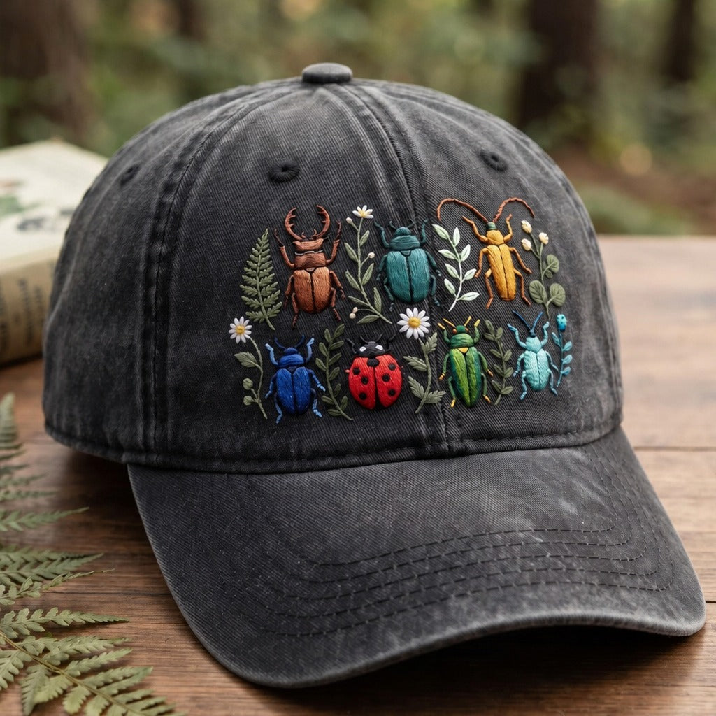 Personalized Wildflower Garden Beetles Ladybug Insects Cottagecore Embroidered Hat — Washed Hat