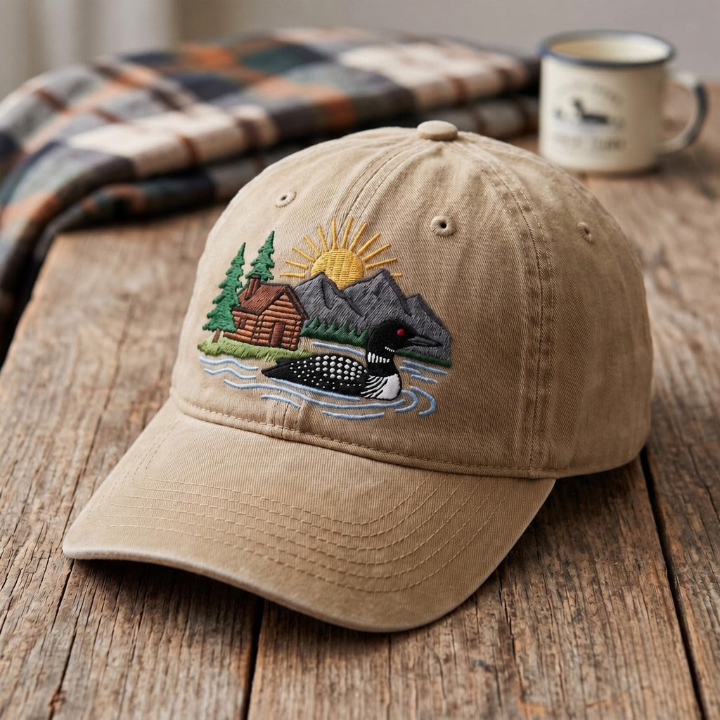 Personalized Loon Lake Cabin Mountain Sunrise Scene Embroidered Hat — Washed Hat