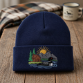 Personalized Loon Lake Cabin Mountain Sunrise Scene Embroidered Beanie