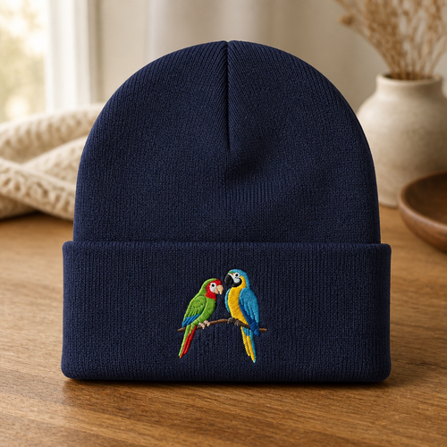 Two Parrots on Branch Blue Gold Macaw Green Red Macaw Bird Lover Embroidered Beanie
