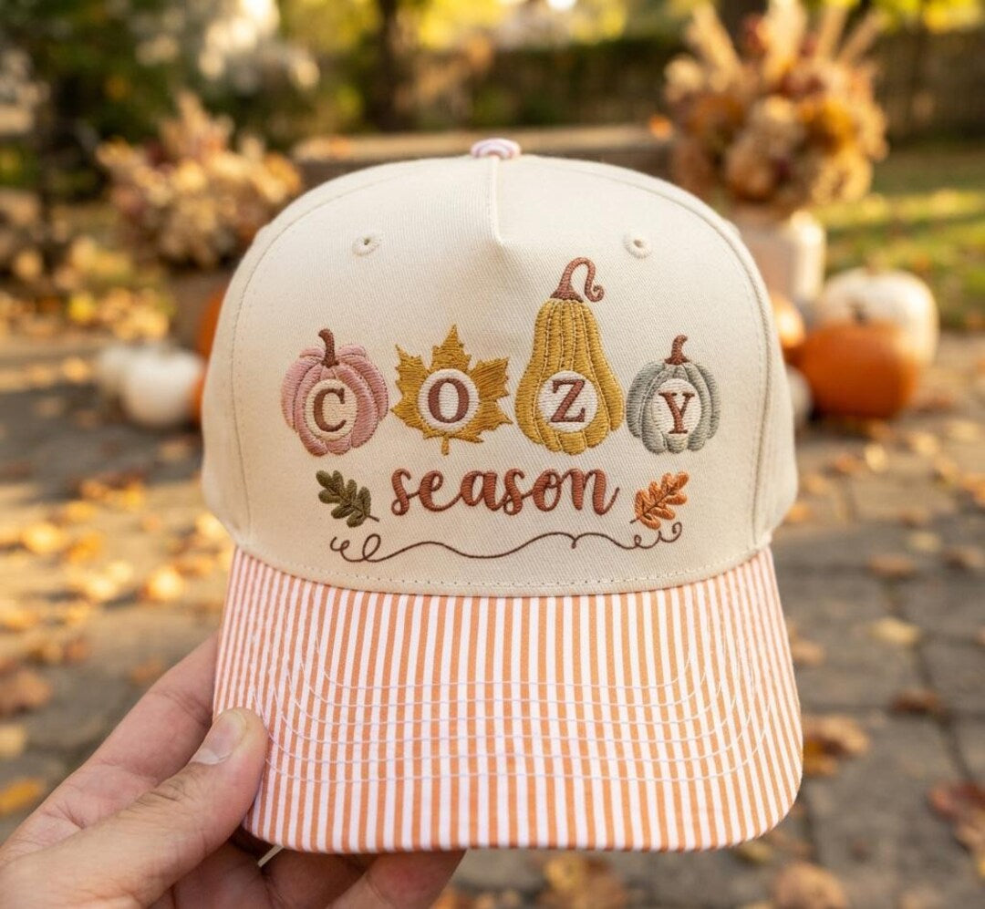 Cozy Season Fall Pumpkins Autumn Leaves Script embroidered stripe brim hat — front view