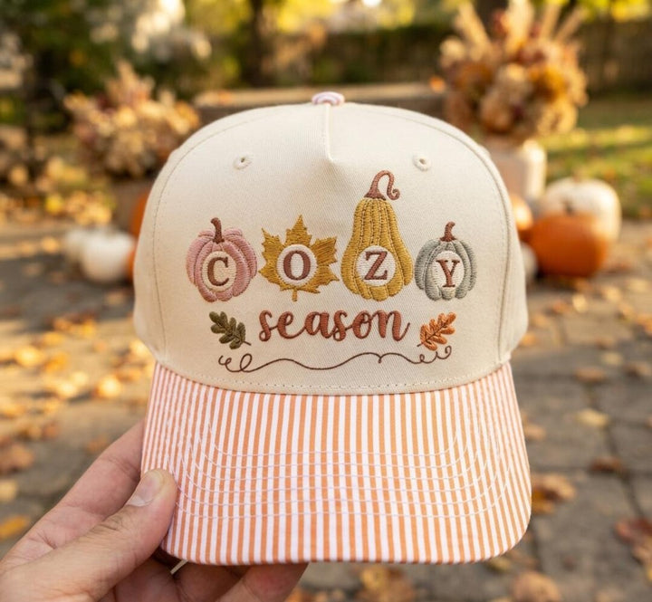 Cozy Season Fall Pumpkins Autumn Leaves Script embroidered stripe brim hat — front view