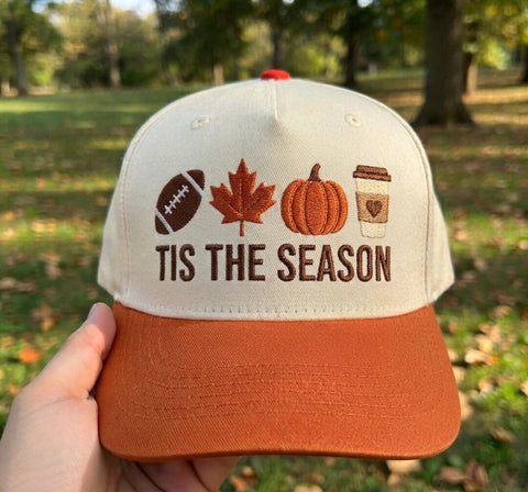 Tis The Season Fall Football Maple Leaf Pumpkin Coffee Cup embroidered two-tone hat — front view