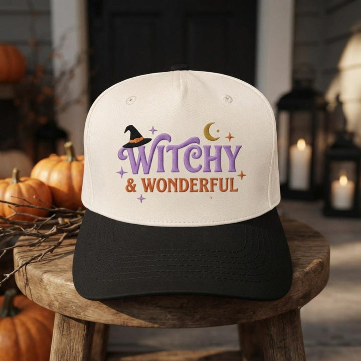 Halloween Witchy & Wonderful Witch Hat Moon Stars embroidered two-tone hat — front view