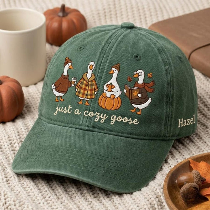 Personalized Just A Cozy Goose Fall Pumpkin Four Geese Autumn Embroidered Hat