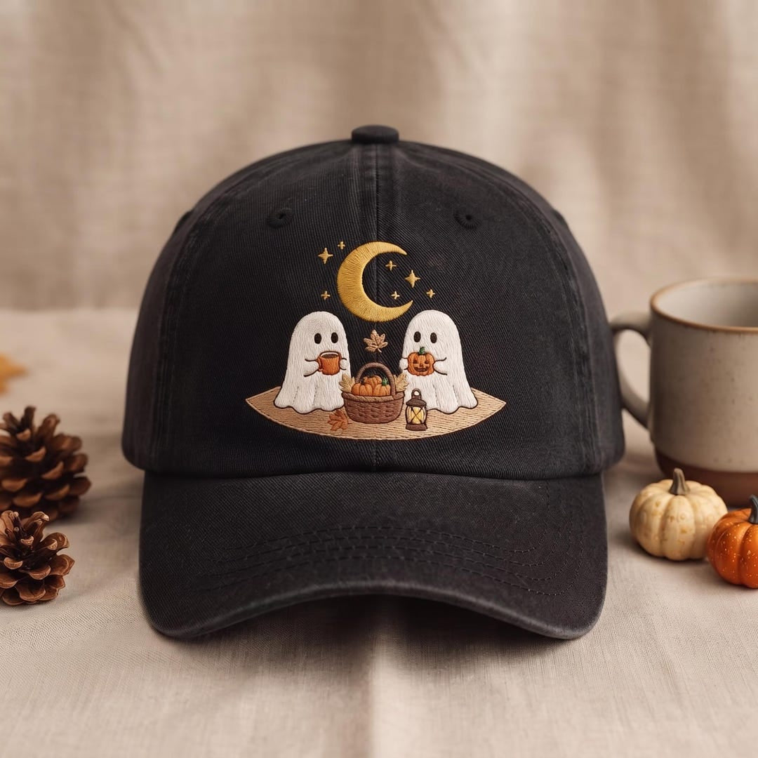 Halloween Two Ghosts Pumpkin Basket Crescent Moon Fall Autumn Embroidered Hat — Washed Hat