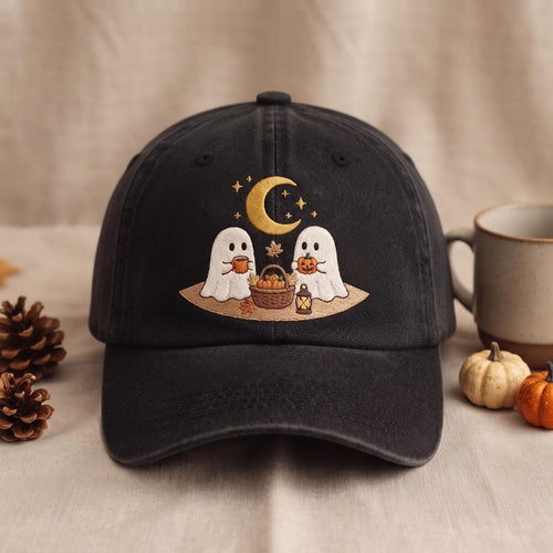 Halloween Two Ghosts Pumpkin Basket Crescent Moon Fall Autumn Embroidered Hat — Washed Hat