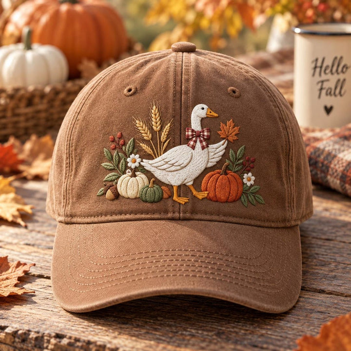 Fall Goose Pumpkin Harvest Botanical Bow Embroidered Hat — Washed Hat