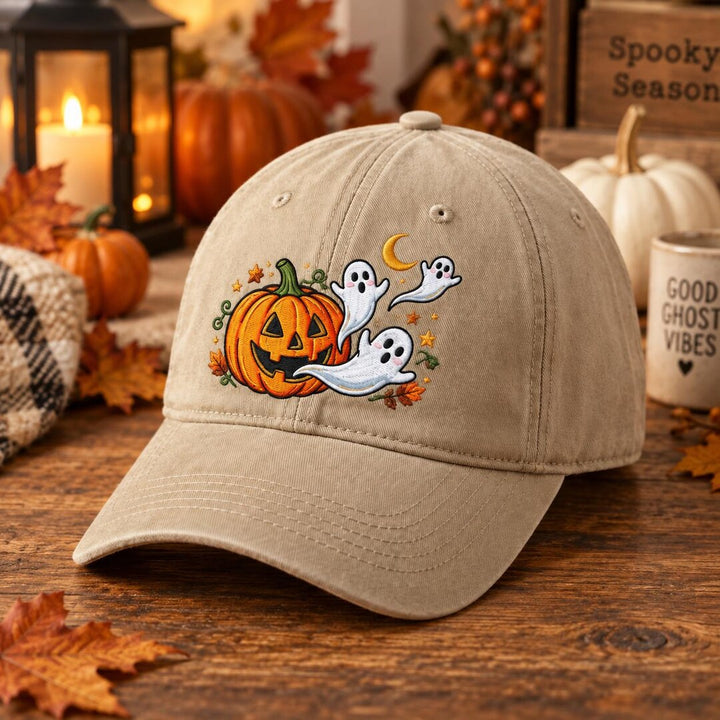 Halloween Ghosts Jack-o-Lantern Pumpkin Fall Leaves Moon Stars Embroidered Hat — Washed Hat