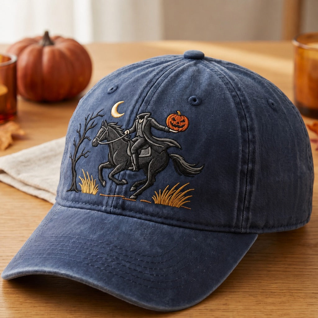 Personalized Headless Horseman Pumpkin Moon Halloween Custom Name Embroidered Hat — Washed Hat