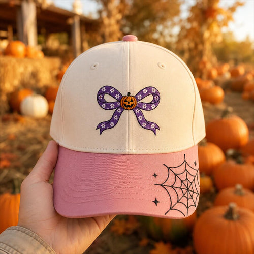 Halloween Pumpkin Jack-O-Lantern Floral Bow Spider Web Embroidered Hat — Baseball Cap