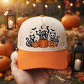 Halloween Skeleton Cats Pumpkin Jack-O-Lantern Bats Moon Spooky embroidered two-tone hat — front view