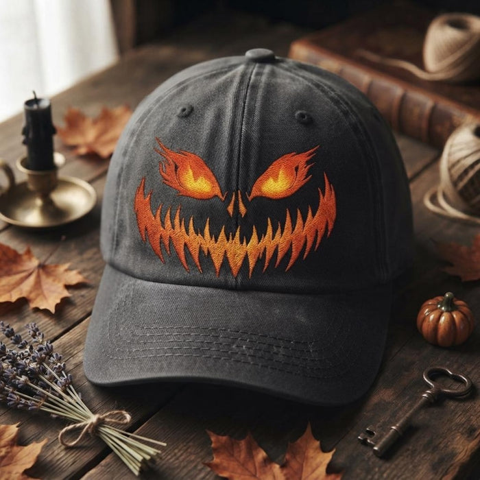 Halloween Scary Jack O Lantern Pumpkin Face Flaming Eyes Embroidered Hat