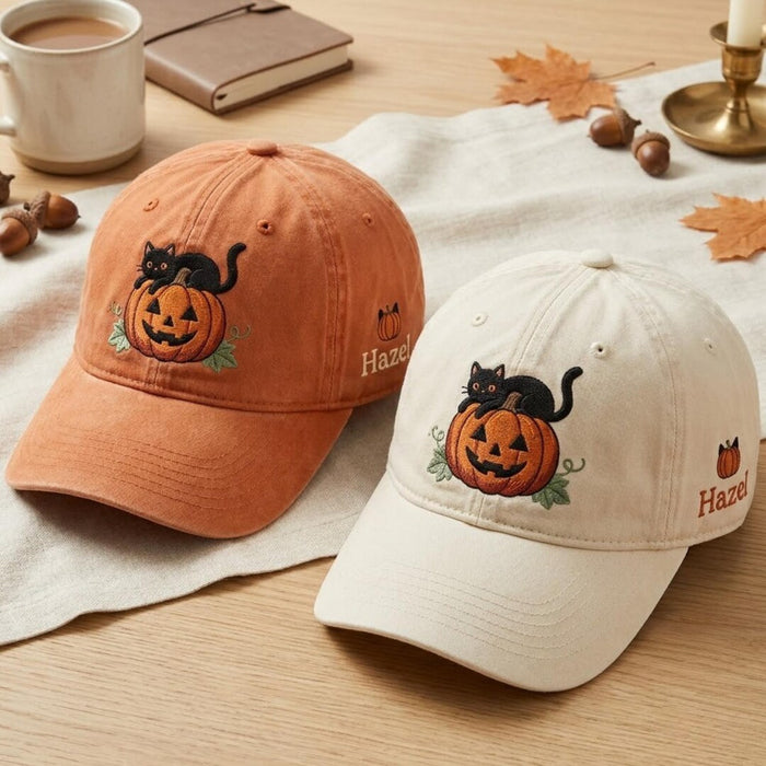 Personalized Halloween Black Cat Jack-O-Lantern Pumpkin Fall Leaves Embroidered Hat