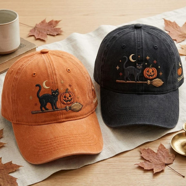 Personalized Halloween Black Cat Pumpkin Jack-O-Lantern Witch Broom Moon Stars Embroidered Hat — Washed Hat