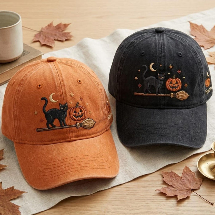 Personalized Halloween Black Cat Pumpkin Jack-O-Lantern Witch Broom Moon Stars Embroidered Hat