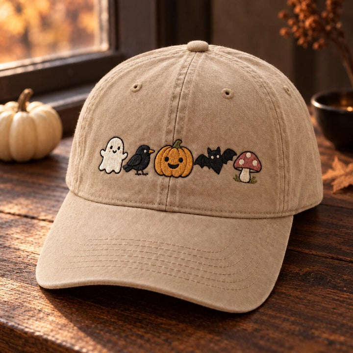 Personalized Halloween Ghost Crow Pumpkin Bat Mushroom Spooky Season Embroidered Hat — Washed Hat