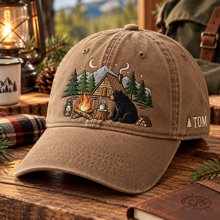Personalized Bear Cabin Campfire Outdoor Adventure Embroidered Hat — Washed Hat