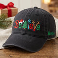 Personalized Christmas Believe Reindeer Santa Hat Tree Snowflake Custom Name Embroidered Hat — Washed Hat