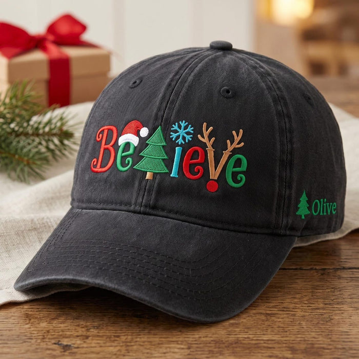 Personalized Christmas Believe Reindeer Santa Hat Tree Snowflake Custom Name Embroidered Hat