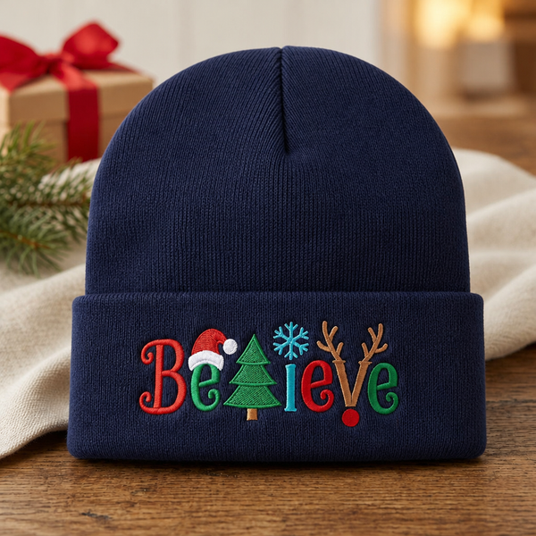 Personalized Christmas Believe Reindeer Santa Hat Tree Snowflake Custom Name Embroidered Beanie