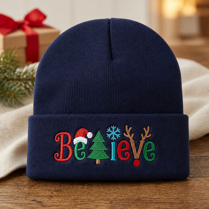 Personalized Christmas Believe Reindeer Santa Hat Tree Snowflake Custom Name Embroidered Beanie