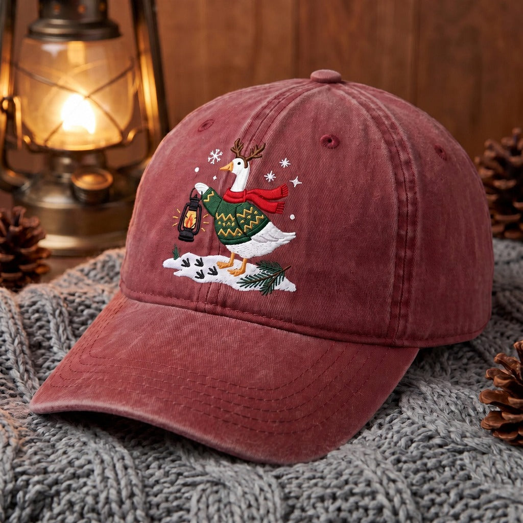 Personalized Christmas Goose Reindeer Antler Lantern Winter Snow Embroidered Hat — Washed Hat