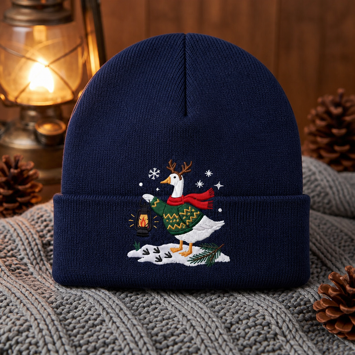 Personalized Christmas Goose Reindeer Antler Lantern Winter Snow Embroidered Beanie