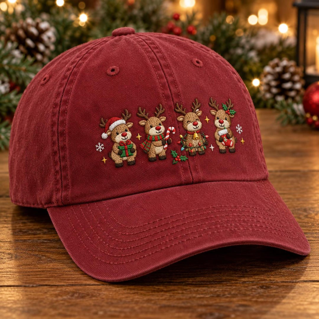 Christmas Reindeer Quartet Santa Hat Candy Cane Lights Bells Embroidered Hat — Washed Hat