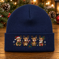 Christmas Reindeer Quartet Santa Hat Candy Cane Lights Bells Embroidered Beanie
