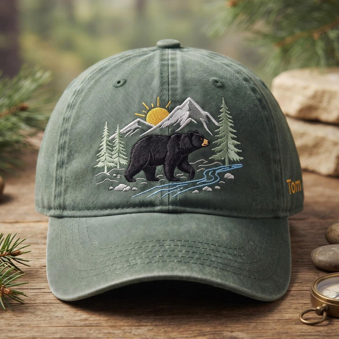 Personalized Black Bear Mountain Forest River Scene Outdoor Embroidered Hat — Washed Hat