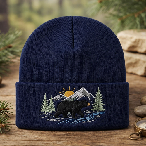 Personalized Black Bear Mountain Forest River Scene Outdoor Embroidered Beanie