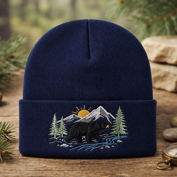 Personalized Black Bear Mountain Forest River Scene Outdoor Embroidered Beanie